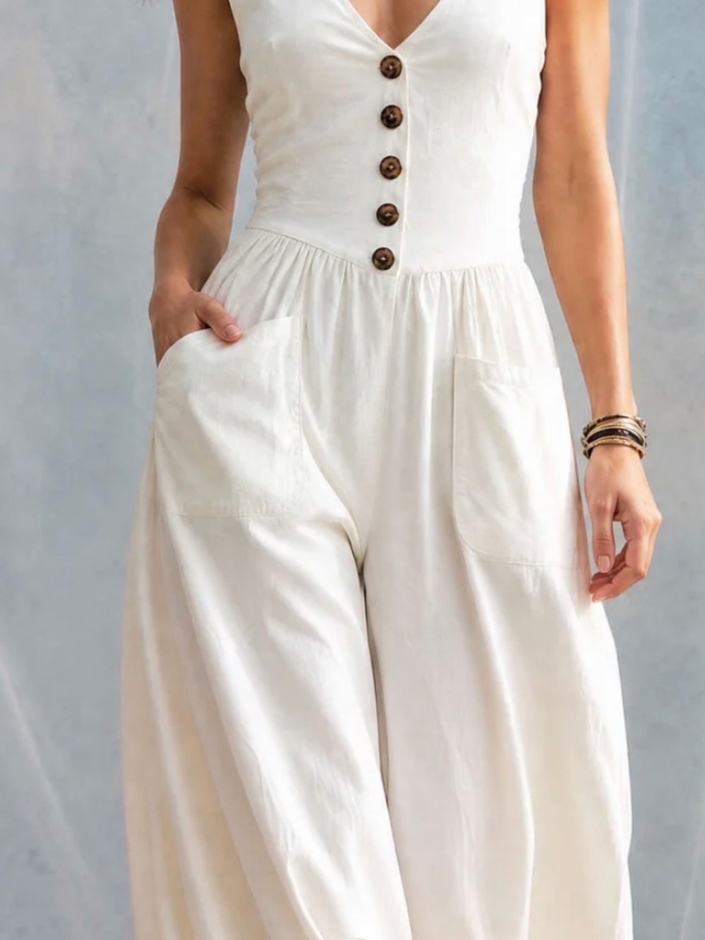 White Button-Front Wide-Leg Jumpsuit with Pockets